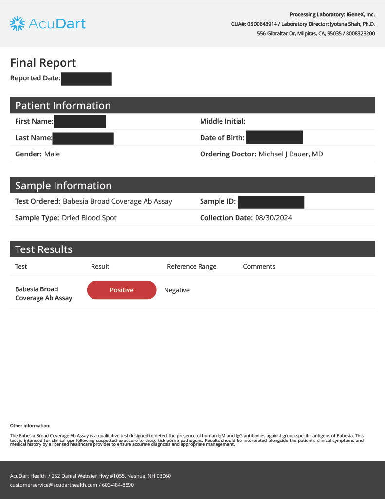 Sample AcuDart Babesiosis At-Home Screening Test Results Report